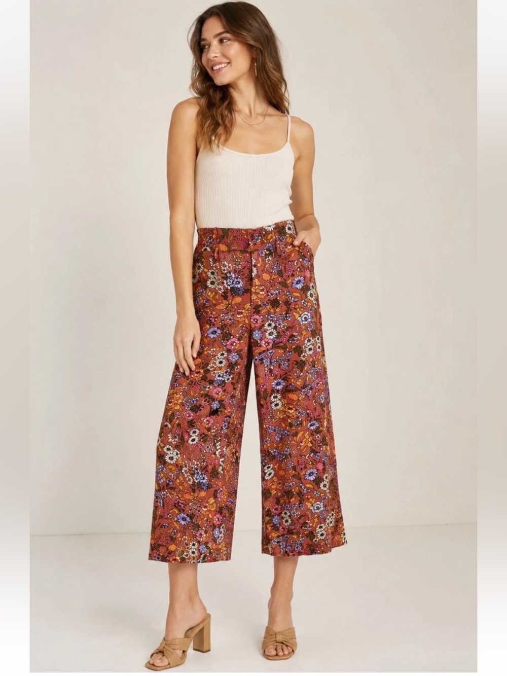 Anthropologie Maeve Floral Flower Power Wide Leg High Waist Crop Fall Autumn